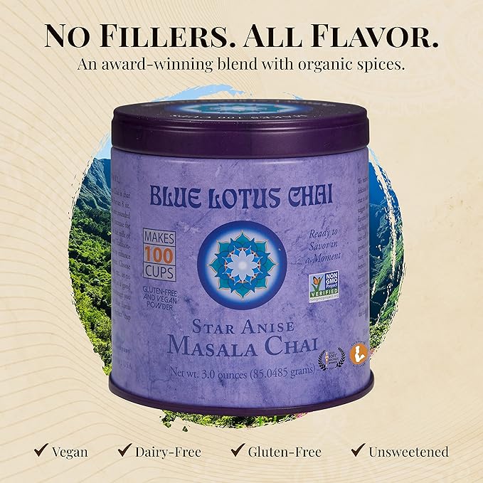 Blue Lotus Chai - Star Anise Masala Chai - Makes 100 Cups - 3 Ounce Masala Spiced Chai Powder with Organic Spices - Instant Indian Tea No Steeping - No Gluten