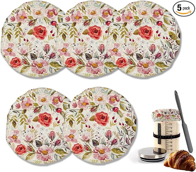 Vintage Romantic Floral Sourdough Starter Cloth Covers Jars, Or Kombucha Kefir Fermentation Cheese Fabric Lids, Fit Jars Mouth from 3-4 inch, 5 Pack