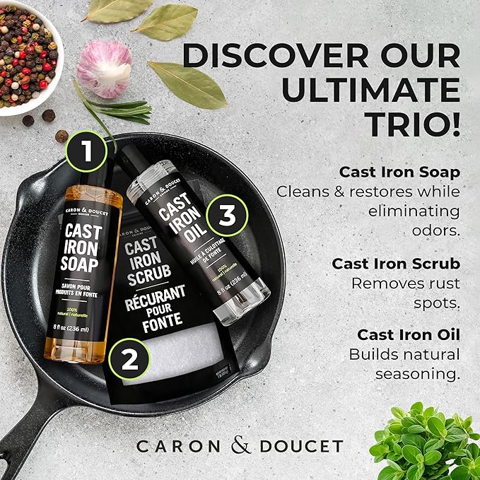 CARON & DOUCET ??Ultimate Cast Iron Set PLUS: Seasoning Oil, Cleaning Soap & Restoring Scrub | 100% Plant-Based & Best for Cleaning Care, Washing, Restoring & Seasoning Skillets, Pans & Grills!