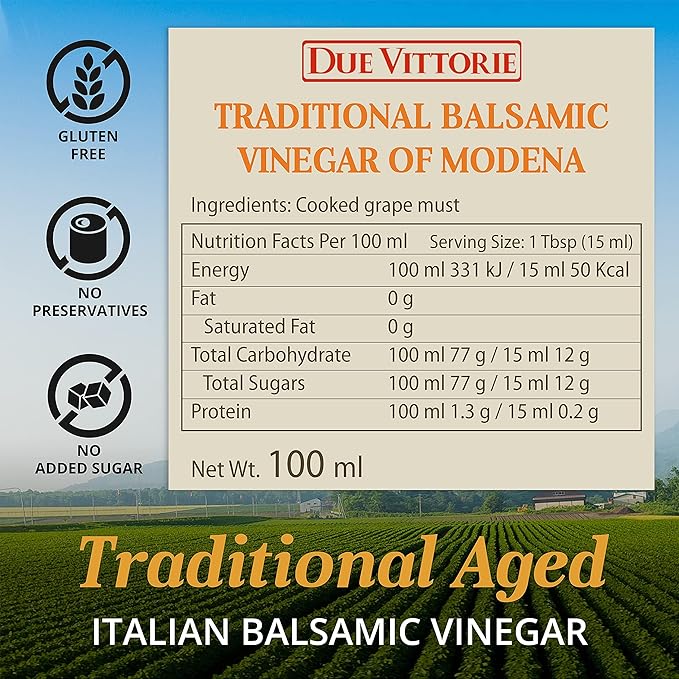 Due Vittorie Traditional 12 Year Aged Balsamic Vinegar of Modena DOP - Aceto Balsamico di Modena Tradizionale Affinato - Best Score From The Consortium - 3.38 fl oz (100ml) - Pack of 1