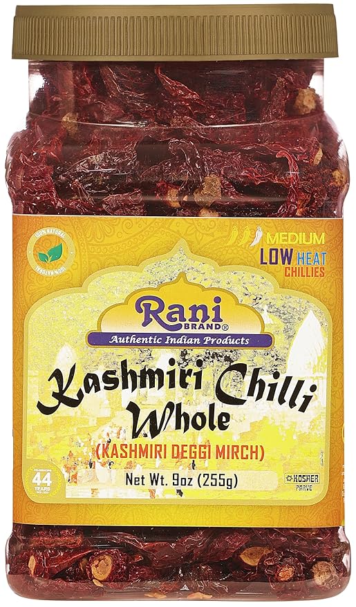 Rani Kashmiri Chilli Whole (Deggi Mirch, Low Heat) 9oz (255g) PET Jar ~ Natural | Salt-Free | Vegan | No Colors | Gluten Friendly | NON-GMO | Kosher | Indian Origin
