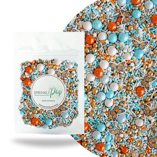 Sprinkle Pop Monarch Butterfly Sprinkle Mix| Blue Orange Sprinkles with ~10 Butterfly Wafer Paper and Gold Dragees| Decorating Sprinkles Made In USA for Mother?셲 Day Cupcakes Cakes Cookies Donuts, 2oz