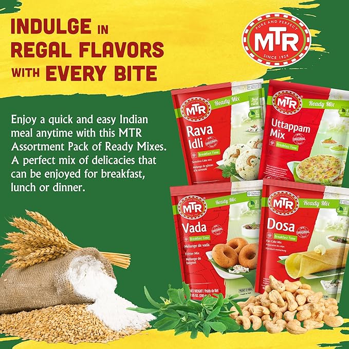 MTR Instant Assorted Mix - Ready to Cook Authentic Indian Breakfast, Lunch, Dinner & Snack Meal - No Added Preservatives - A Quick & Easy Recipe Suitable for Vegetarians - (Breakfast Mixes, Pack of 4)