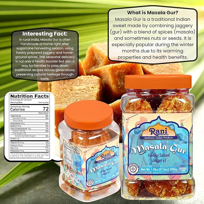 Rani Masala Gur (Jaggery) Indian Unrefined Raw Cane Sugar 17.5oz (1.1lbs) 500g PET Jar ~ Gluten Friendly | Vegan | NON-GMO | Kosher | No Salt or fillers | Indian Product