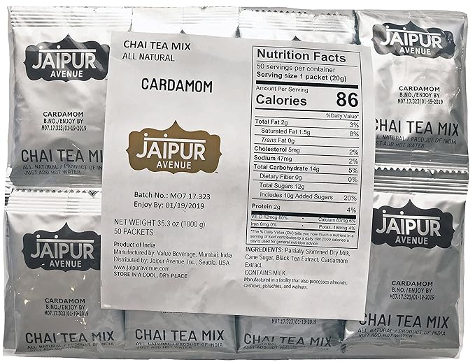 Jaipur Avenue Cardamom Chai Tea Mix Crafted with All-Natural Assam Black Tea, Cardamom, Cane Sugar, and Premium Dry Milk - Preservative-Free, Gluten-Free, Authentic Indian Chai Tea Latte (50 Packets)