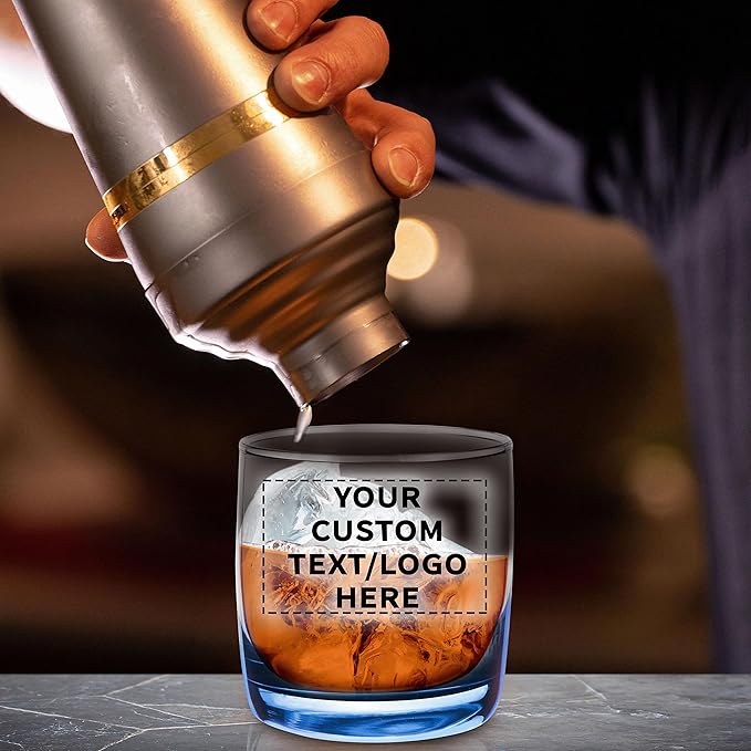 DISCOUNT PROMOS Custom Whiskey Glasses 10 oz Set of 50, Personalized Bulk Pack - Heavy Base Old Fashioned Glass, Perfect for Scotch, Bourbon, Whiskey, Cocktail - Blue Bottom Color