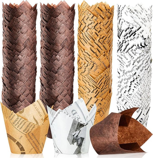 800 Pcs Tulip Cupcake Liners Baking Cups Muffin Baking Cupcake Liners Wrappers Greaseproof Tulip Cups Holders for Party Wedding Birthday Baby Showers(Newspaper,Mocha Style)