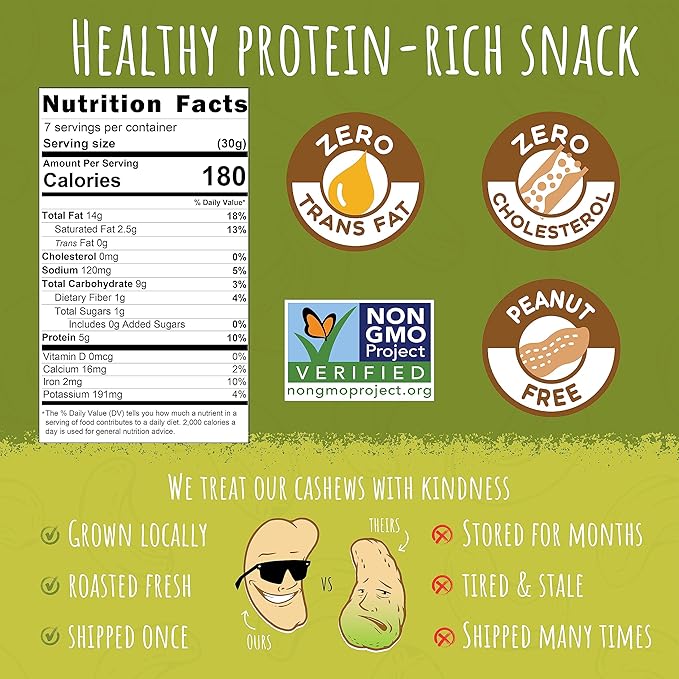 Sunshine Nut Company Whole Roasted Lightly Salted Cashews, Handful of Herbs Flavor, 4 Pack, 7 oz. Each, Gluten Free, Peanut Free and Vegan Individual Snack Packs for Kids and Adults, GMO Free
