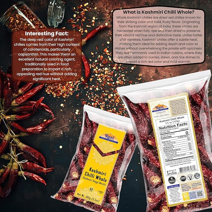 Rani Kashmiri Chilli Whole (Deggi Mirch, Low Heat) 3.5oz (100g) ~ Natural | Salt-Free | Vegan | No Colors | Gluten Friendly | NON-GMO | Kosher | Indian Origin