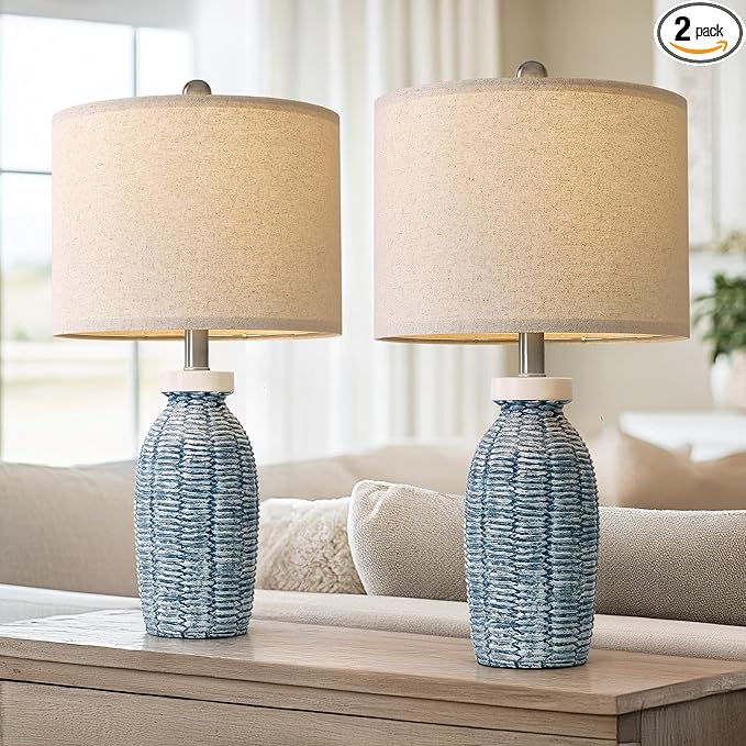 22.75" Table Lamps for Bedroom Living Room Boho Lamp Set of 2 Farmhouse Lamp Bedside Nightstand Small Rustic Vintage Retro Modern Table Lamp Light Home Office Desk Deco Gifts, Blue