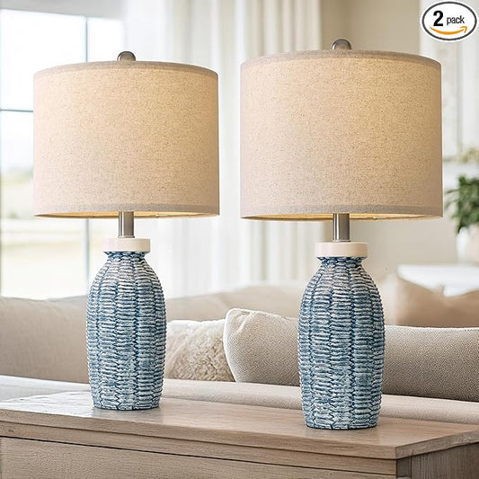 22.75" Table Lamps for Bedroom Living Room Boho Lamp Set of 2 Farmhouse Lamp Bedside Nightstand Small Rustic Vintage Retro Modern Table Lamp Light Home Office Desk Deco Gifts, Blue