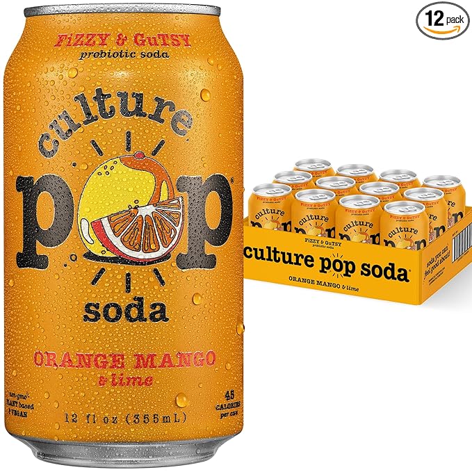 Culture Pop Soda, Orange Mango & Lime, Probiotic Low Sugar Soda, Sparkling Juice Alternative, Non-GMO, Kosher, Gluten-Free, No Stevia (12pk)