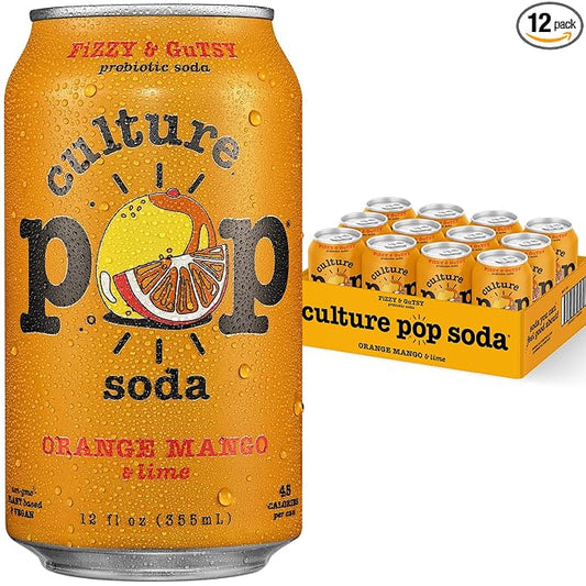 Culture Pop Soda, Orange Mango & Lime, Probiotic Low Sugar Soda, Sparkling Juice Alternative, Non-GMO, Kosher, Gluten-Free, No Stevia (12pk)