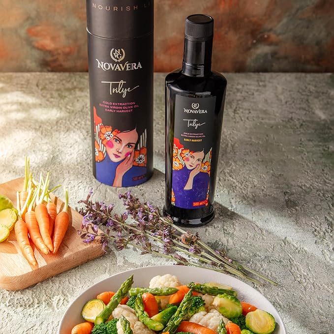 NVG NOVAVERA Trilye Polyphenol Rich Olive Oil, Medium, Pungency and Fruitiness With a Peppery Finish Extra Virgin Olive Oil, Evoo World Ranking Top 5, Low Acidity, Organic Agriculture , Early Harvest, Cold Pressed, 16.9 oz