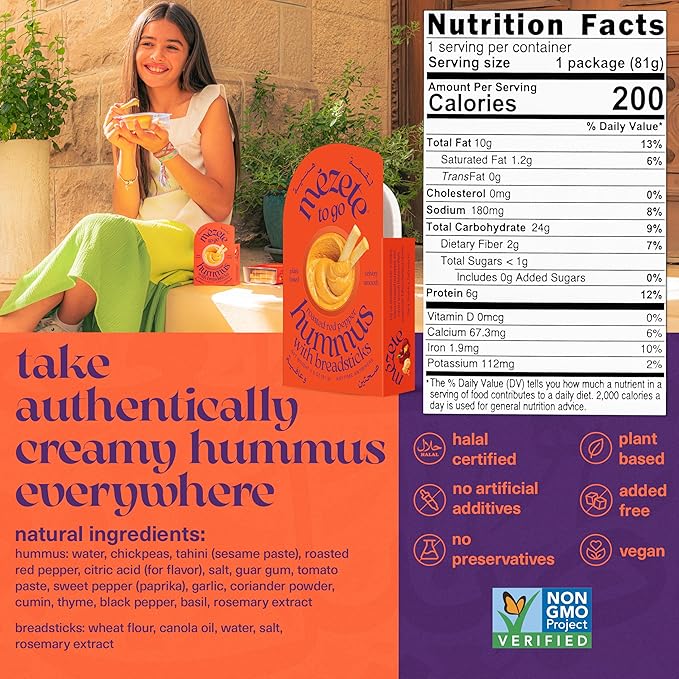 Mezete Roasted Red Pepper Hummus | Tahini Rich Chickpea Dip with Breadsticks | All Natural | On the Go | Plant Based | Preservative-Free | Shelf-Stable | Backpack Friendly | 81g (Pack of 6)