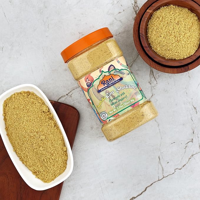 Rani Haldi Gur Shakkar (Turmeric with Indian Jaggery) Indian Unrefined Raw Cane Sugar 35oz (2.2lbs) 1kg PET Jar ~ Gluten Friendly | Vegan | NON-GMO | Kosher | No Salt or fillers | Indian Product
