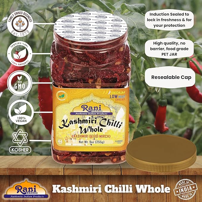 Rani Kashmiri Chilli Whole (Deggi Mirch, Low Heat) 9oz (255g) PET Jar ~ Natural | Salt-Free | Vegan | No Colors | Gluten Friendly | NON-GMO | Kosher | Indian Origin