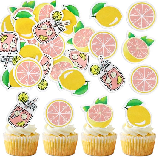 40Pcs Edible Lemon Cupcake Toppers Fruit Theme Lemonade Party Cupcake Picks for Lemon Theme Baby Shower Kids Boys Girls Birthday Party Cake Decorations Supplies