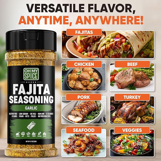 Fajita Seasoning Mix Garlic Powder Seasoning - Gluten Free & Low Sodium Mexican Seasonings Blend for Meat, Vegetables, Steak & Chicken Fajita. Garlic and Herb Fajitas Seasonings Spice. Taco Mix. 4.7oz