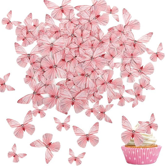 72PCS Edible Butterfly Cupcake Toppers Butterfly Cupcake Picks Edible Butterfly Cupcake Decorations for Butterfly Theme Baby Shower Kids Birthday Party Cake Decorations Supplies Pink