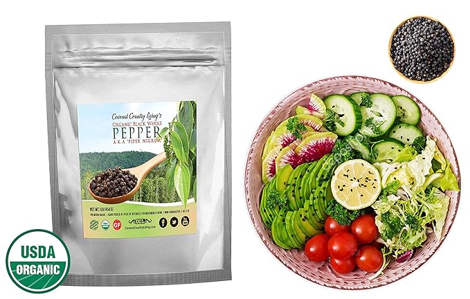 Organic Whole Black Peppercorns for Grinder Refill - 16 oz / 1 lb, Premium Whole Black Pepper Packed Fresh, Aromatic and Flavourful Spice, Non-GMO, Fair Trade