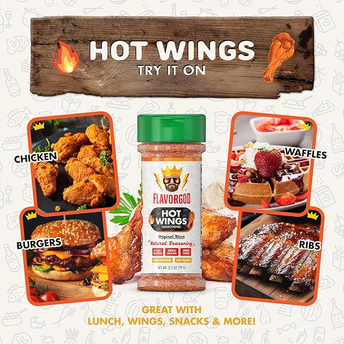 Hot Wings Seasoning Mix, 2 Bottles by Flavor God - Premium All Natural & Healthy Spice Blend for Chicken Wings & Eggs - Kosher, Low Sodium, Vegan & Gluten-Free - Great Flavor Spices and Seasoning Gift