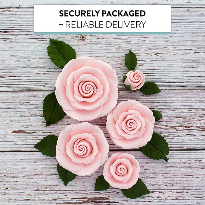 Global Sugar Art Edible Exquisite Rose & Leaf Tray Sugar Cake Flowers, Pink Unwired, 5 Count by Chef Alan Tetreault