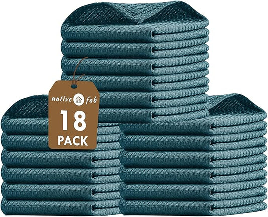 Native Fab Waffle 18 Pack Dish Cloths - Cotton, 12x12 inches, Absorbent, Quick Drying, Washable Towels for Cleaning, Cooking & Baking - Ideal for Home, Restaurants, Bars & Multi Use - Teal Green