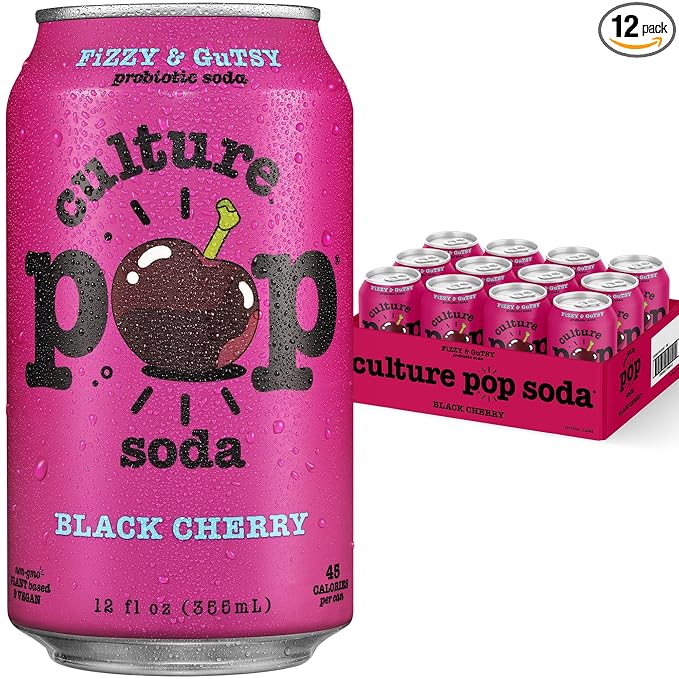 Culture Pop Soda, Black Cherry, Probiotic Low Sugar Soda, Sparkling Juice Alternative, Non-GMO, Kosher, Gluten-Free, No Stevia (12pk)
