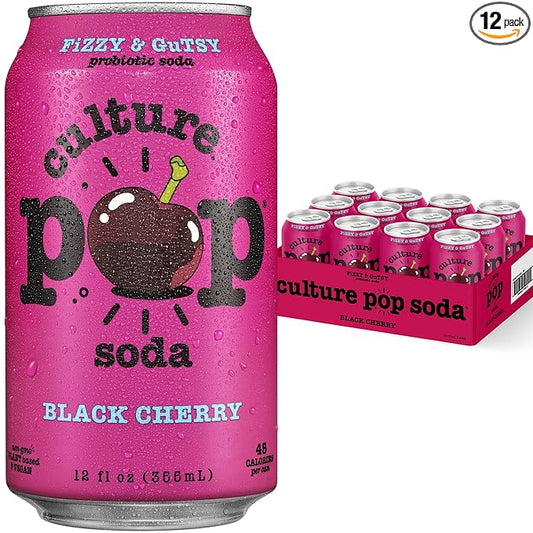 Culture Pop Soda, Black Cherry, Probiotic Low Sugar Soda, Sparkling Juice Alternative, Non-GMO, Kosher, Gluten-Free, No Stevia (12pk)