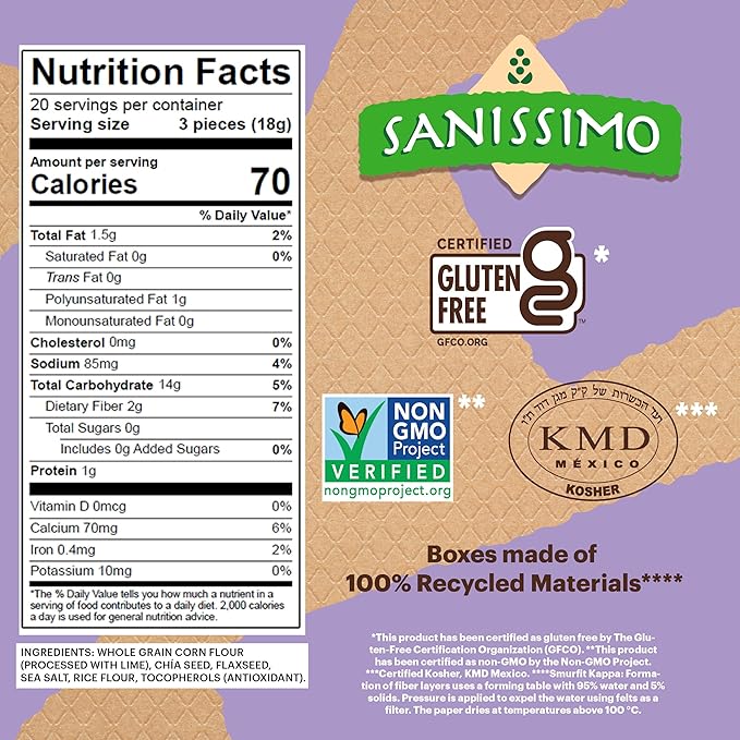 Sanissimo Salmas Chia & Flaxseed, 20 Packs of 3 Crackers, Oven Baked Corn Crackers, Gluten Free, Non-GMO, Kosher Certified