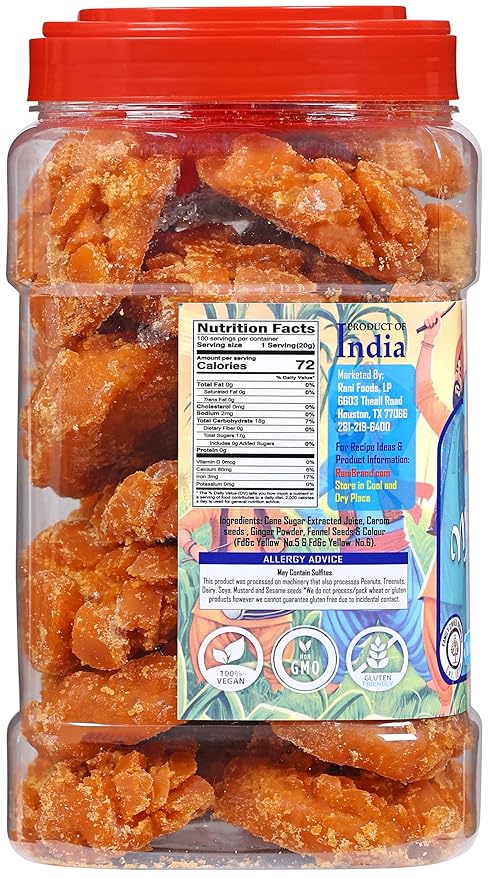 Rani Masala Gur (Jaggery) Indian Unrefined Raw Cane Sugar 70oz (4.4lbs) 2kg PET Jar ~ Gluten Friendly | Vegan | NON-GMO | No Salt or fillers | Indian Product