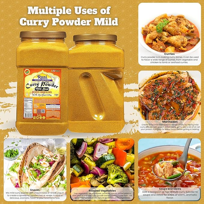 Rani Curry Powder Mild (10-Spice Authentic Indian Blend) 5lbs (2.27kg) PET Jar ~ All Natural | Salt-Free | NO Chili or Peppers | Vegan | No Colors | Gluten Friendly | NON-GMO | Kosher | Indian Origin
