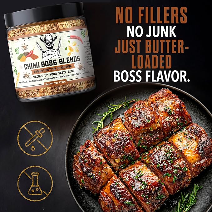 Chimi Boss Blends Cowboy Butter Seasoning, 7oz ??Garlic Herb Butter Dry Rub for Grilling, Smoking & BBQ ??Gourmet Small-Batch Spice Blend for Steak, Chicken, Seafood & Vegetables ??Made in USA
