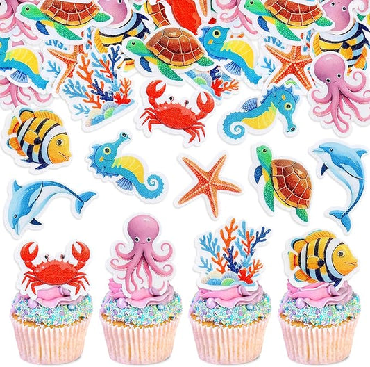 40 Pcs Edible Ocean Cupcake Toppers Ocean Theme Party Decorations Sea Animals Weaweed Party Cake Picks for Kids Under the Sea Baby Shower Birthday Party Supplies