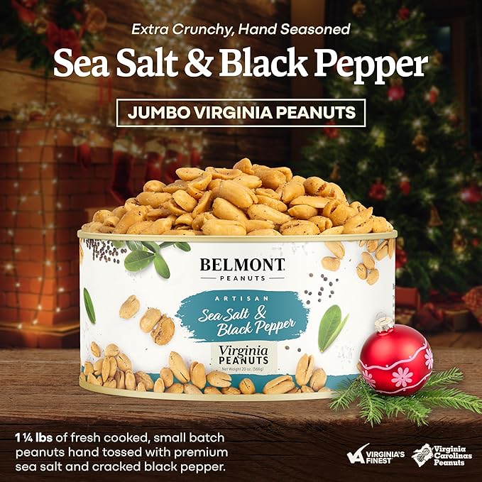 Belmont Peanuts Gourmet Sea Salt and Black Pepper Flavored Virginia Peanuts, 20 oz (1 Pack) ??Only 4 Simple Ingredients, No Preservatives, 7g Protein ??Salty, Peppery, Crunchy, Hand Seasoned Snack