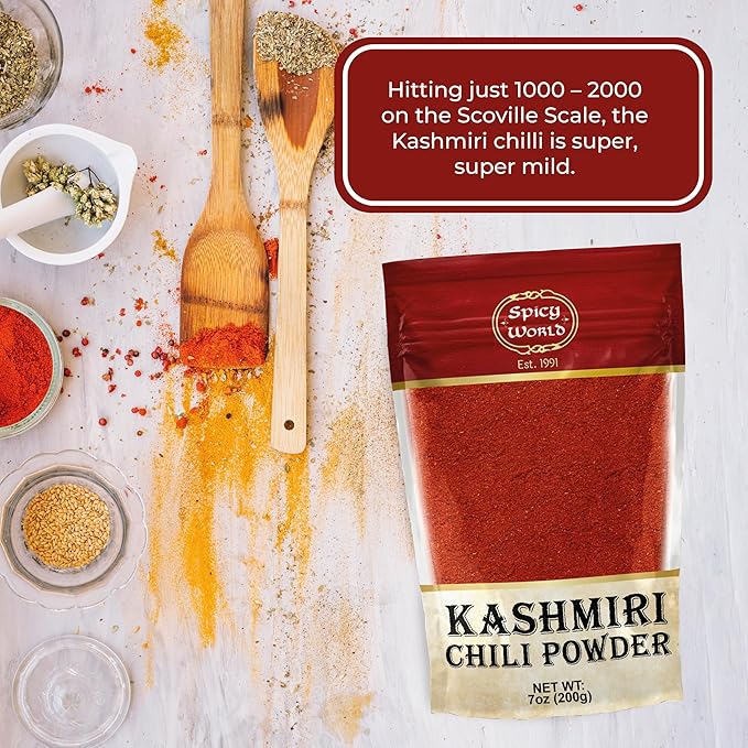 Spicy World Kashmiri Chili Powder Red 7 Ounce Resealable bag | All Natural Low Heat, Chili Powder - Red Pepper Powder
