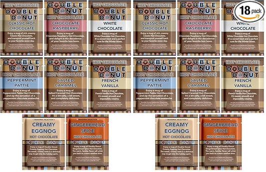 Double Donut Flavored Hot Chocolate Packets Variety Pack, 9 Count Includes Classic, Chocolate Raspberry, Salted Caramel, Peppermint, Eggnog & Gingerbread (Pack of 2)