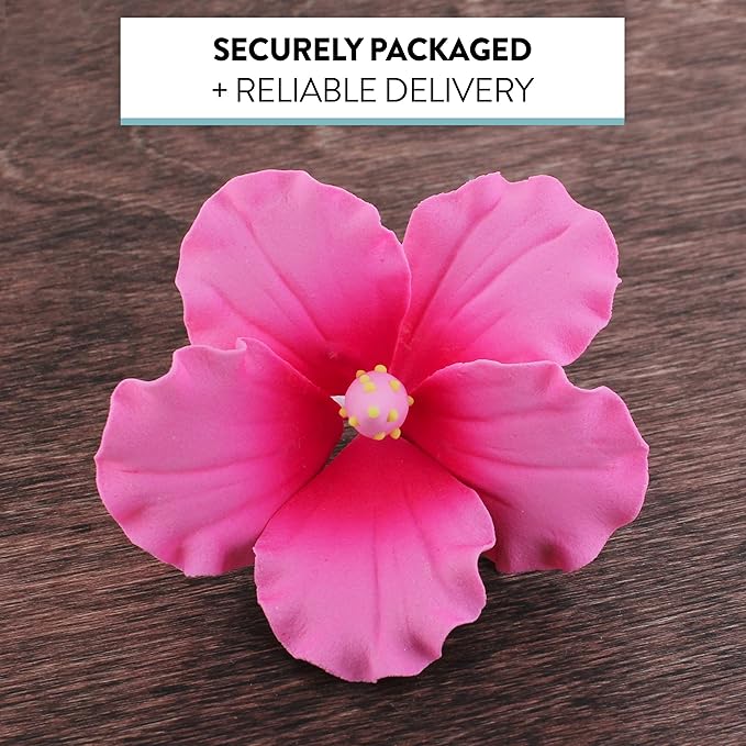 Global Sugar Art Hibiscus Sugar Cake Flowers, Hot Pink, Large, Hawaiian Cake Flower Large 3 Count by Chef Alan Tetreault