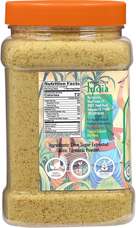 Rani Haldi Gur Shakkar (Turmeric with Indian Jaggery) Indian Unrefined Raw Cane Sugar 17.5oz (1.1lbs) 500g PET Jar ~ Gluten Friendly | Vegan | NON-GMO | Kosher | No Salt or fillers | Indian Product