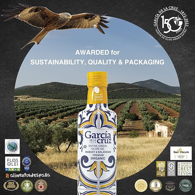 GARCÍA DE LA CRUZ - Organic Extra Virgin Olive Oil, Master Miller Premium Oil, Almond and Tomato Tones, Smooth Body, Sourced in Spain, Montes de Toledo, Glass Bottle - 500 ml