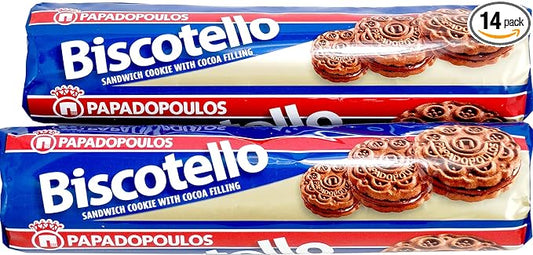 Papadopoulos Greek Sandwich Cookies with Cocoa Filling, 2 Pack. Authentic European Cookies. Inspected and Packed by Cape Moda Albany NY with minimum of 2 layers of bubble wrap.