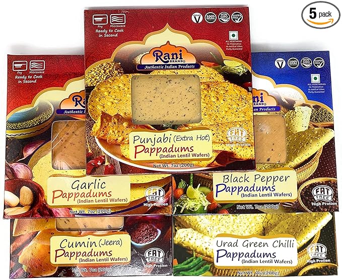Rani Pappadums (Indian Lentil Wafer Snack) 5-Variety Papad Pack (Green Chilli, Garlic, Cumin, Extra Hot, Black Pepper) 7oz (200g) Approximately 15pc, 7 inches ~ All Natural | Gluten Friendly | NON-GMO