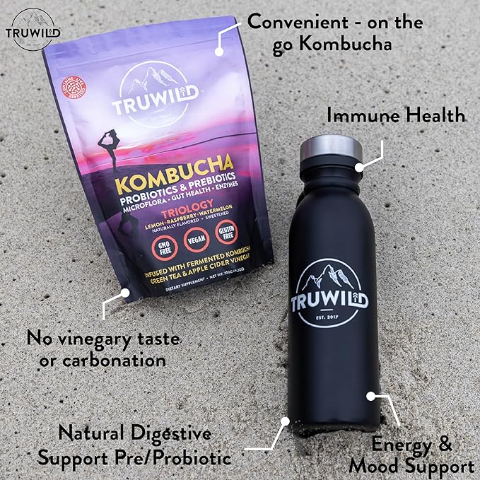 TruWild Natural Kombucha Powder Probiotic Supplement Vegan Drink Mix ??Gut Health Digestive Enzymes w/Live Cultures + Apple Cider Vinegar & Prebiotics ??20 Servings