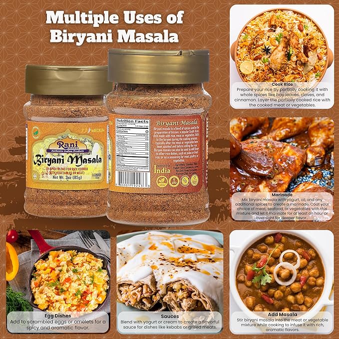 Rani Biryani Masala Curry (7-Spice Blend for Indian Rice Dishes, Pullao/Pilau) 3oz (85g) PET Jar ~ All Natural | Vegan | No Colors | Gluten Friendly | NON-GMO | Kosher | Indian Origin