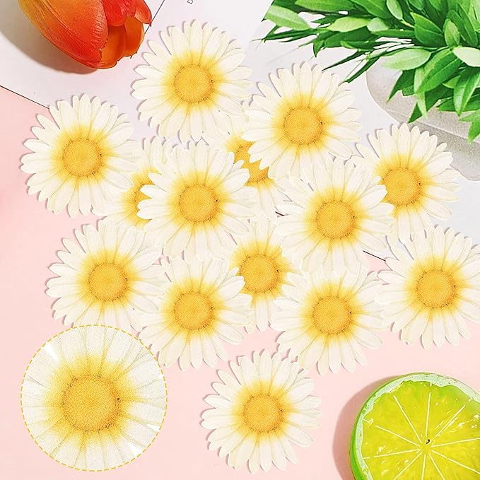 60 Pack Edible Flower Cupcake Toppers Wafer Paper Beautiful Flower Cake Picks for Wedding Birthday Theme Baby Shower Party Cake Decorations Supplies Light Yellow
