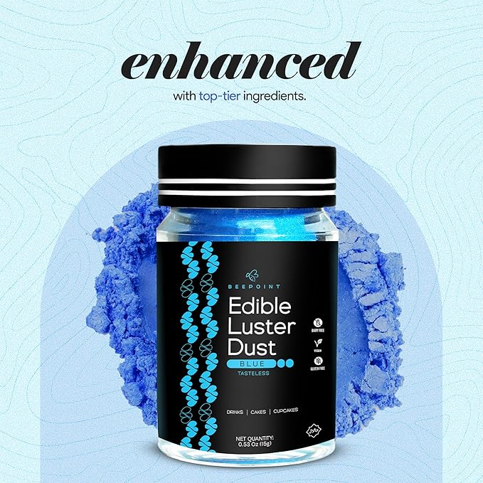 BeePoint Blue Edible Luster Dust 15g - Food Grade, Vibrant Color Shimmer Powdered Dust for Drinks, Cocktails, Cake Decorating, Baking, Chocolates, Candy, Sweets, & Cookies - Vegan & Gluten Free