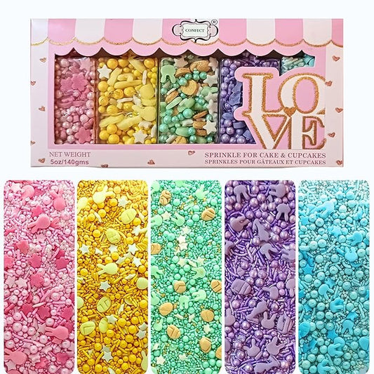 Confect Easter Sprinkles Edible | Assorted pack of 5 Parrot Green, Pink, Sky Blue and Yellow Pearls & Stars I Cookies, Desserts & cupcake Decorating | Edible Sprinkles Mix for Baking & Cake Decorative