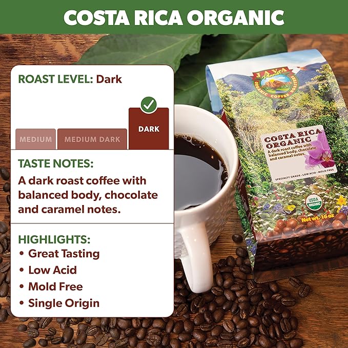 Low Acid Organic Coffee ??Whole Bean, Mold-Free & Stomach Friendly by Java Planet, Costa Rican Single Origin Coffee, Dark Roast, Smooth Full Flavored, 5LB Bag