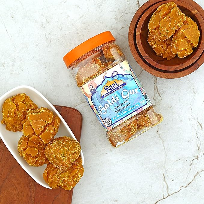 Rani Haldi Gur (Turmeric with Indian Jaggery) Indian Unrefined Raw Cane Sugar 35oz (2.2lbs) 1kg PET Jar ~ Gluten Friendly | Vegan | NON-GMO | Kosher | No Salt or fillers | Indian Product
